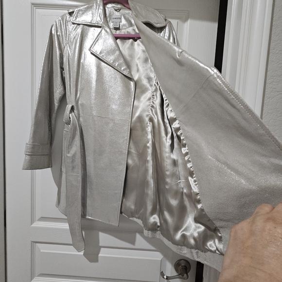 Chico's Shimmering Silver Trench Coat - Picture 4 of 8
